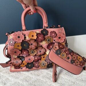 COACH Floral Embellished Pink Handbag Rogue Bag 25 In Colorblock With Tea Rose